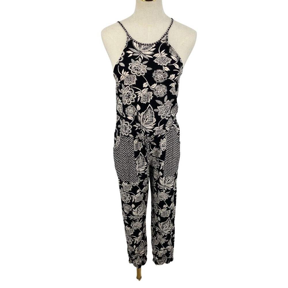 American Eagle Floral Jumpsuit Black Cream XS Boho Pockets Travel Chic Casual